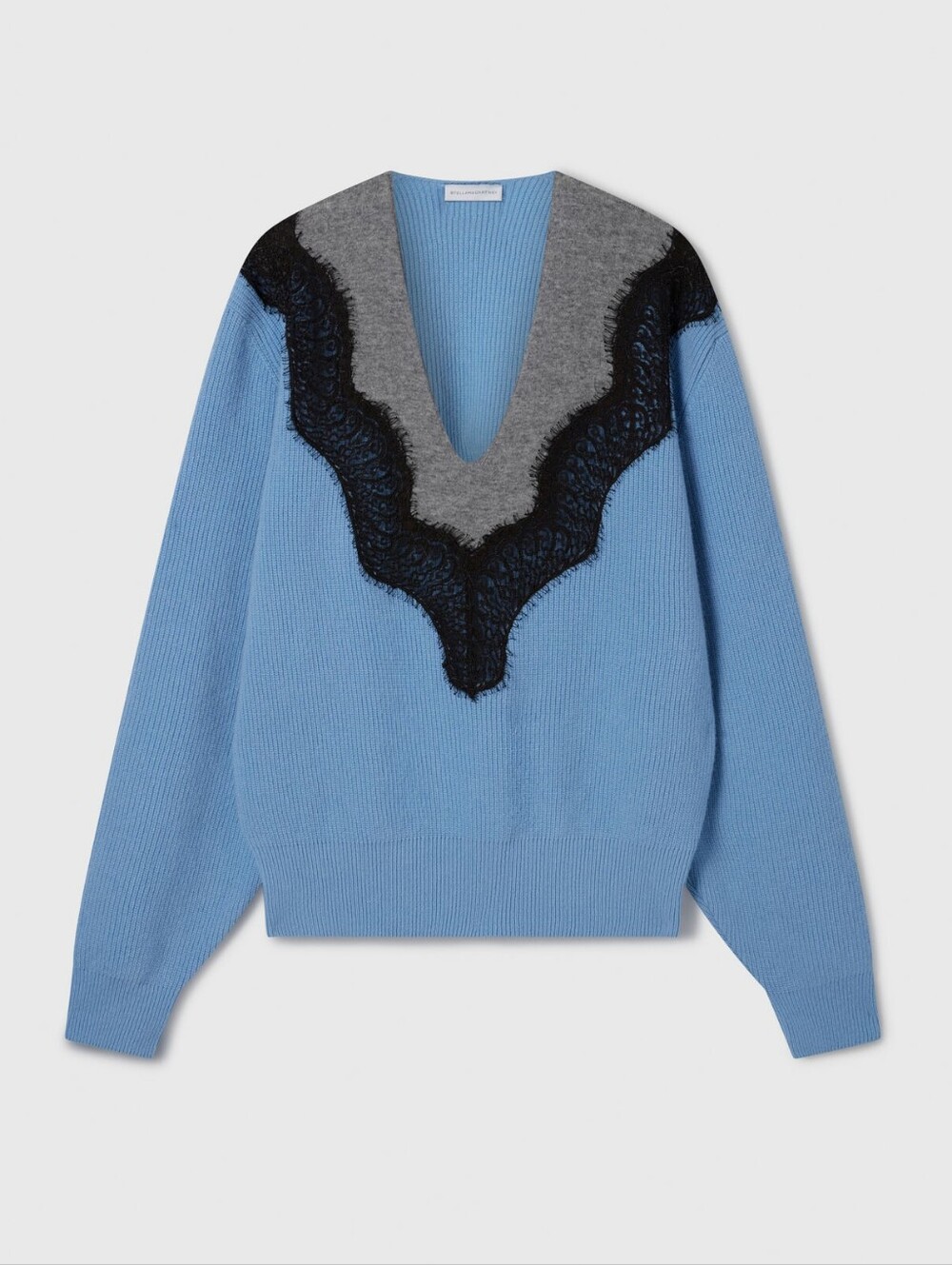 Stella McCartney Sky Blue Colorblock Lace Insert V-Neck Ribbed 100% Wool Sweater